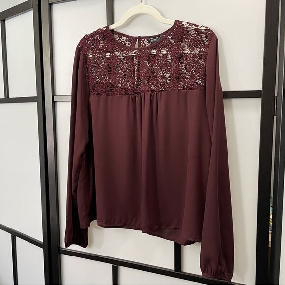 [XL] SWS Flowy Boho Burgundy Long Sleeve Blouse with Lace Details Women’… - Picture 1 of 15